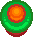 A circular object with a green ring around the outside and orange in the middle held by a red cylinder.