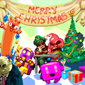 Dirk Valentine in a Christmas blog post alongside Smokey Bacon, Stretchy dog, Takeshi, Zapo, Cuboy and the Nitrome Boss