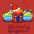 Two slimes dressed as elves and Rust Bucket wearing a santa hat in the December 25th 2015 Friday update